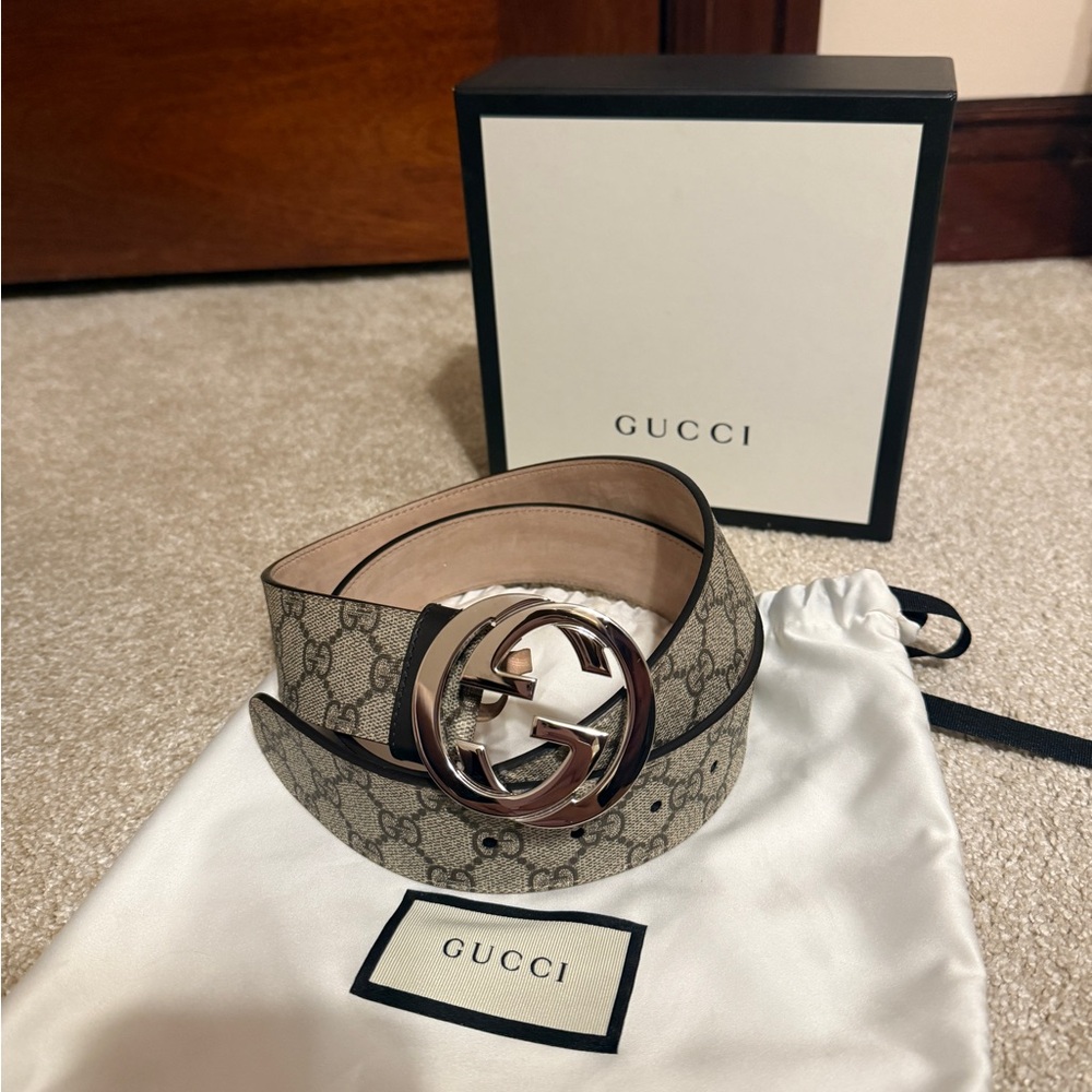 Mens Gucci Leather Trimmed Monogram Canvas Belt